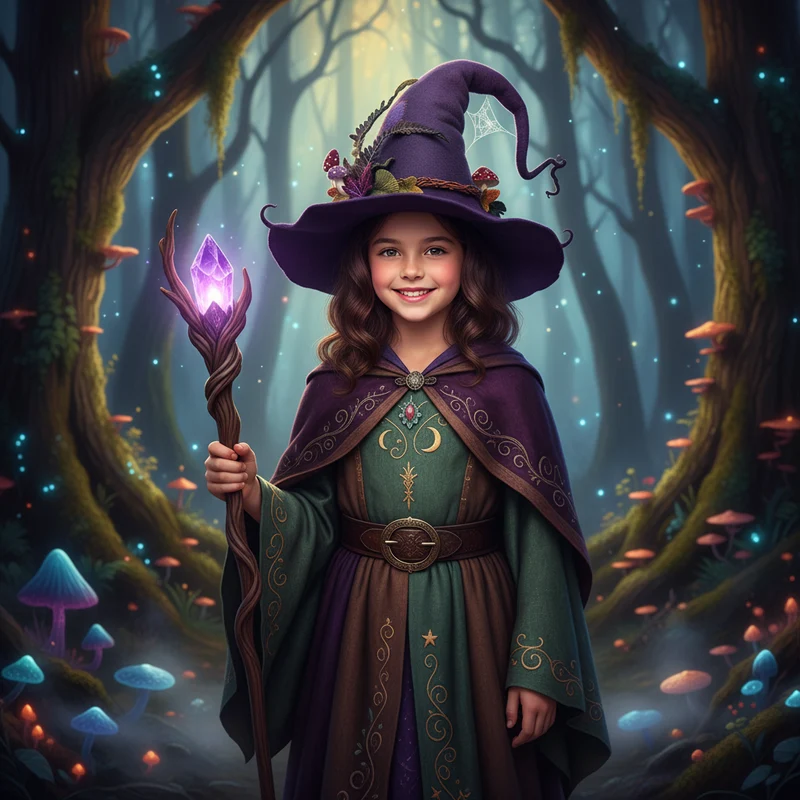 Halloween Felt Witch Hat with a Curved Tip and Fantasy Decorations