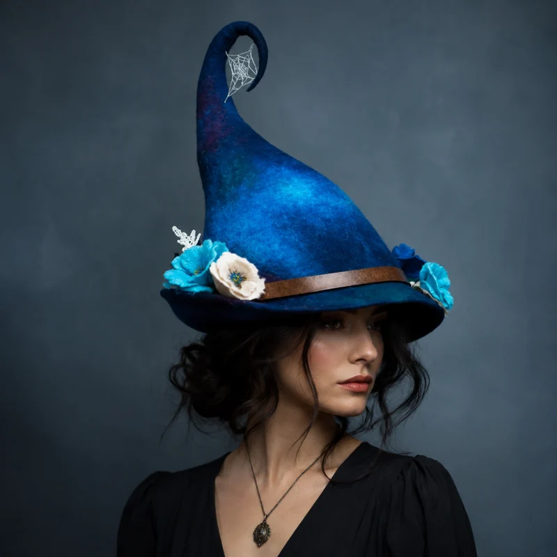 Halloween Felt Witch Hat with a Curved Tip and Fantasy Decorations