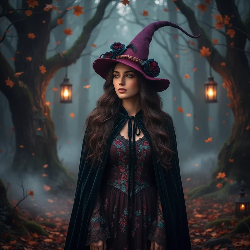 Halloween Felt Witch Hat with a Curved Tip and Fantasy Decorations