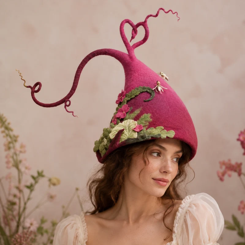 Halloween Felt Witch Hat with a Curved Tip and Fantasy Decorations