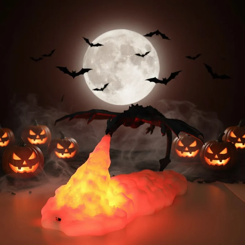 Halloween Dragon Night Light with LED-Lit Base and Flame for Bedroom or Desk