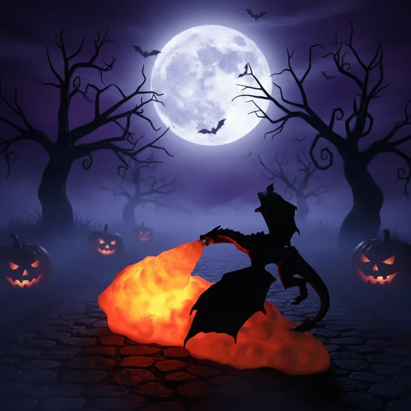 Halloween Dragon Night Light with LED-Lit Base and Flame for Bedroom or Desk