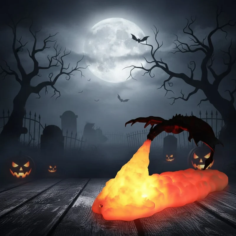 Halloween Dragon Night Light with LED-Lit Base and Flame for Bedroom or Desk