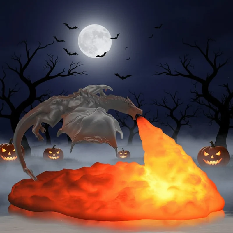 Halloween Dragon Night Light with LED-Lit Base and Flame for Bedroom or Desk