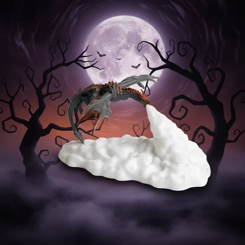 Halloween Dragon Night Light with LED-Lit Base and Flame for Bedroom or Desk