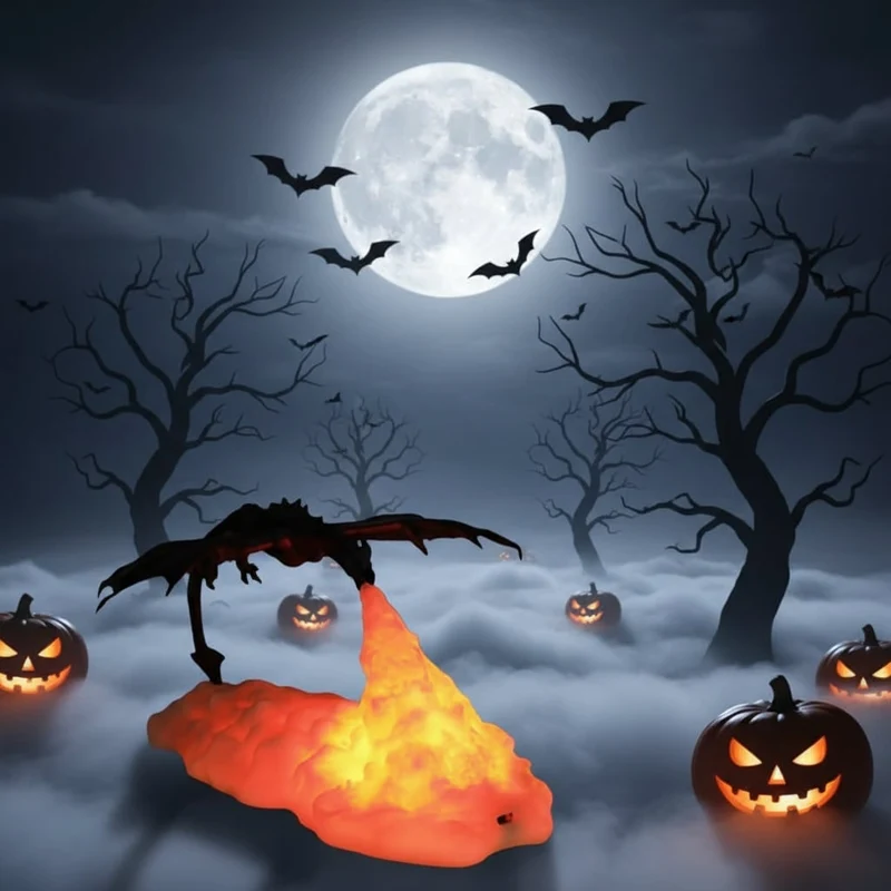 Halloween Dragon Night Light with LED-Lit Base and Flame for Bedroom or Desk