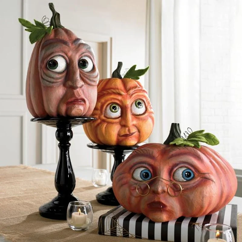 Halloween Party Pumpkin with an Expressive Face and Patterns, Decorative Resin Figurine