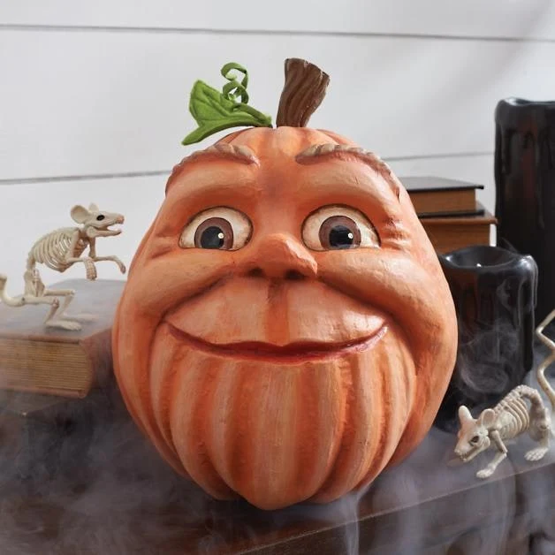 Halloween Party Pumpkin with an Expressive Face and Patterns, Decorative Resin Figurine