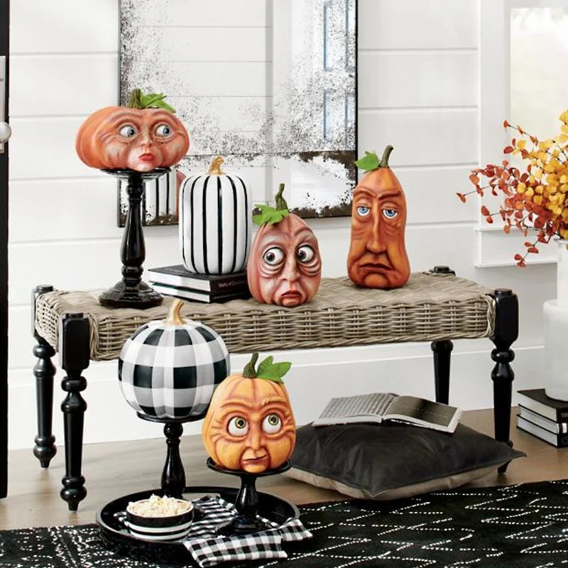 Halloween Party Pumpkin with an Expressive Face and Patterns, Decorative Resin Figurine