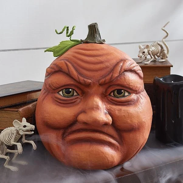 Halloween Party Pumpkin with an Expressive Face and Patterns, Decorative Resin Figurine