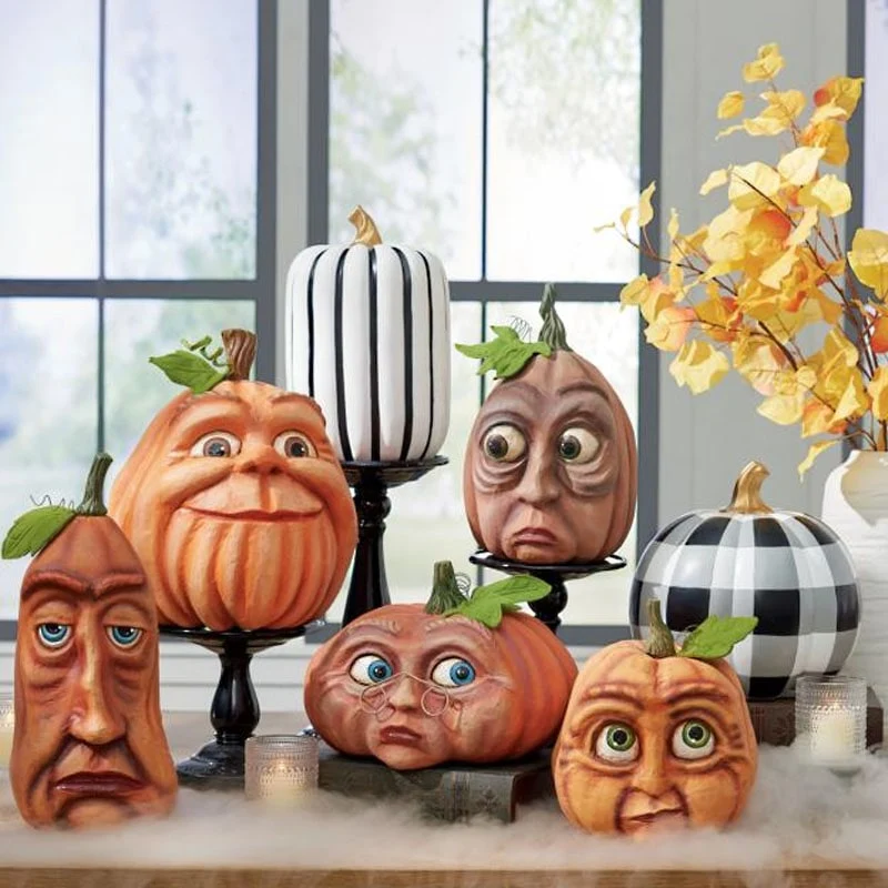 Halloween Party Pumpkin with an Expressive Face and Patterns, Decorative Resin Figurine