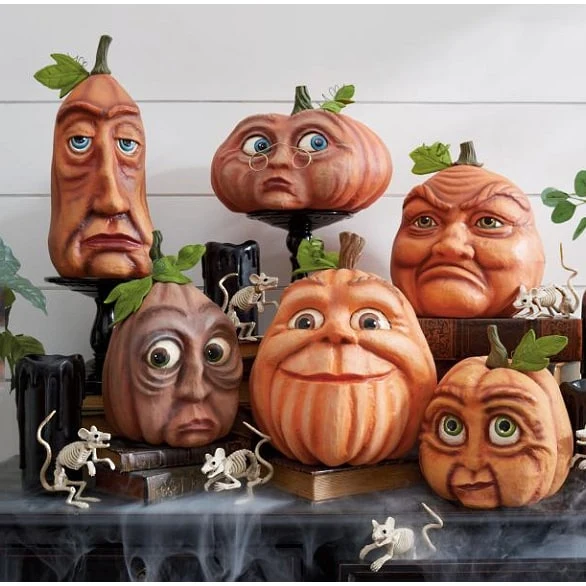Halloween Party Pumpkin with an Expressive Face and Patterns, Decorative Resin Figurine