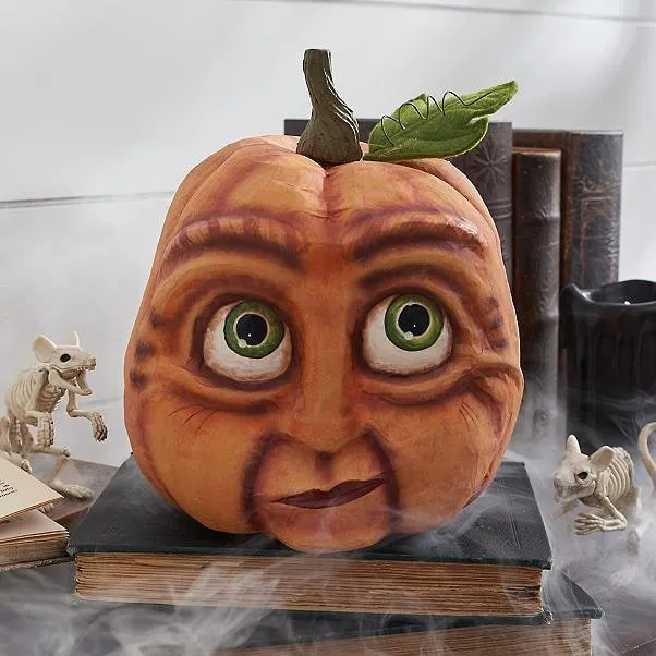 Halloween Party Pumpkin with an Expressive Face and Patterns, Decorative Resin Figurine