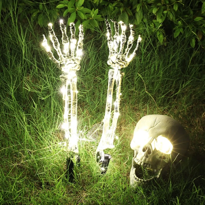Halloween Garden Decorations: Glowing Skeleton Hands and Skull with LED Lights for the Yard