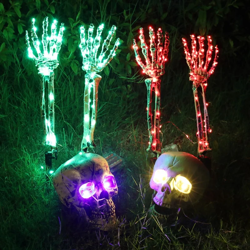 Halloween Garden Decorations: Glowing Skeleton Hands and Skull with LED Lights for the Yard