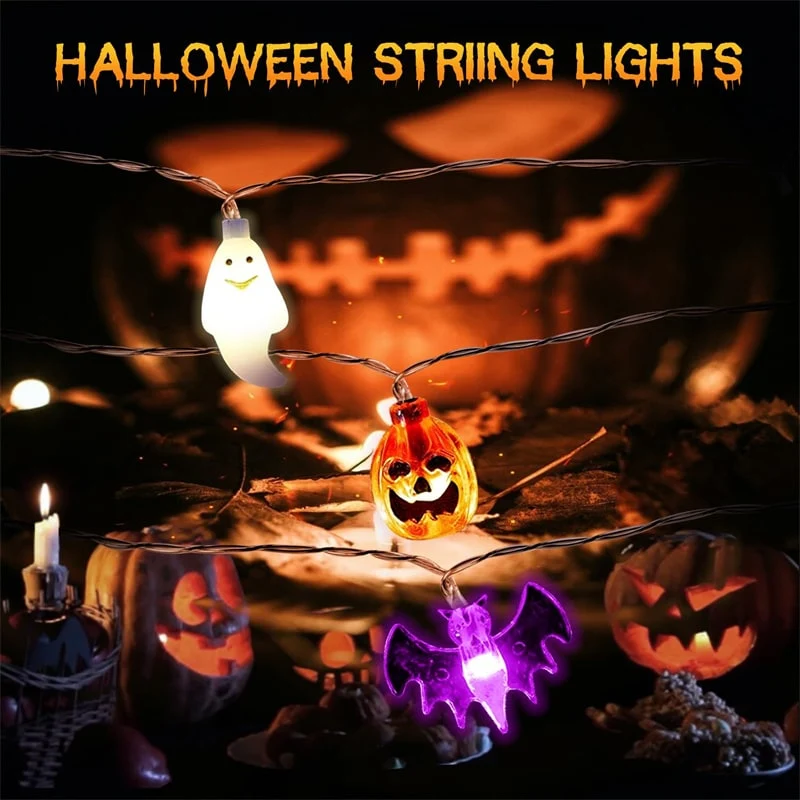 Halloween LED light garland with pumpkins, ghosts, and bats for decoration