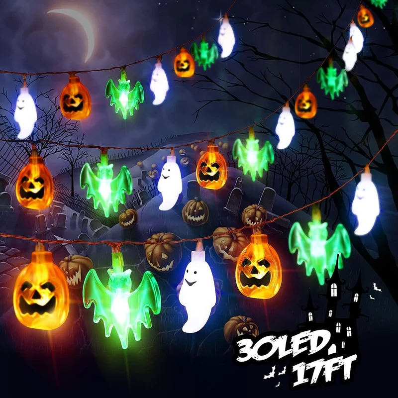 Halloween LED light garland with pumpkins, ghosts, and bats for decoration