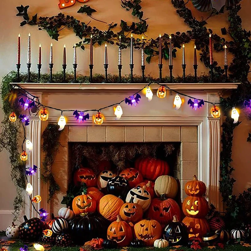 Halloween LED light garland with pumpkins, ghosts, and bats for decoration