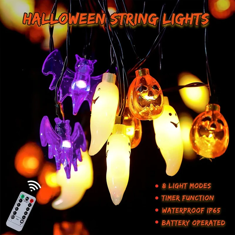 Halloween LED light garland with pumpkins, ghosts, and bats for decoration