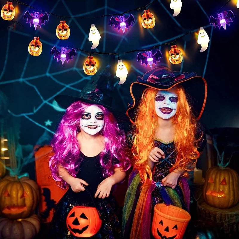Halloween LED light garland with pumpkins, ghosts, and bats for decoration