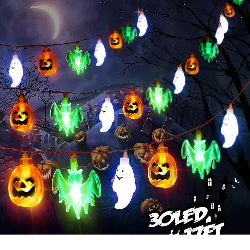 Halloween LED light garland with pumpkins, ghosts, and bats for decoration