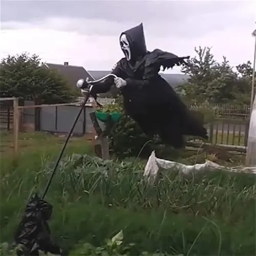 Halloween Animated Scarecrow with Ghost Mask and Black Robe, Garden Deterrent