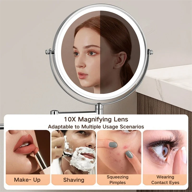 Double-Sided LED Makeup Mirror with Adjustable Lighting and Wall-Mounted Arm