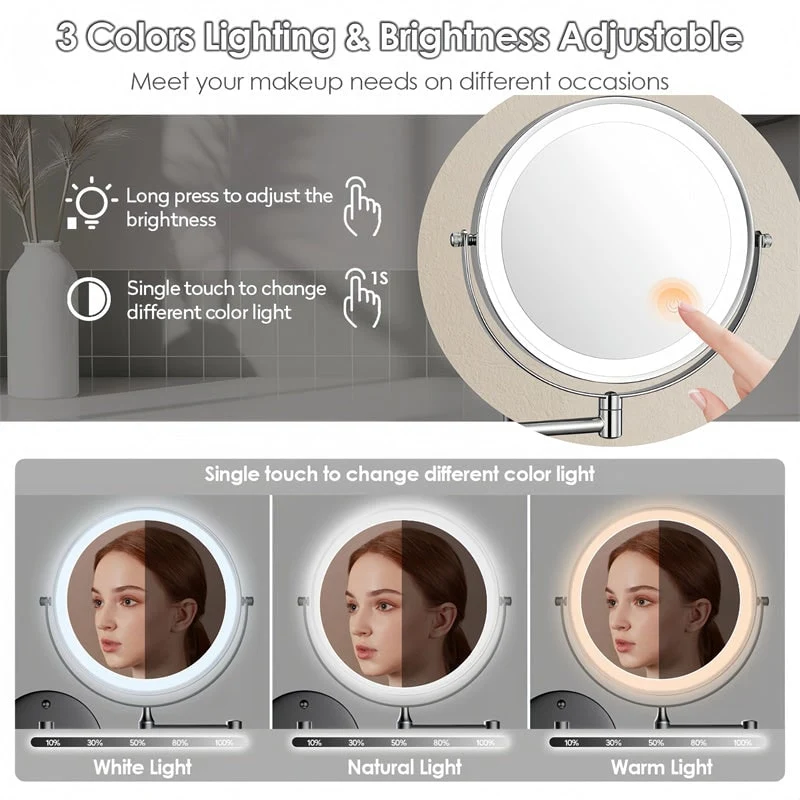 Double-Sided LED Makeup Mirror with Adjustable Lighting and Wall-Mounted Arm