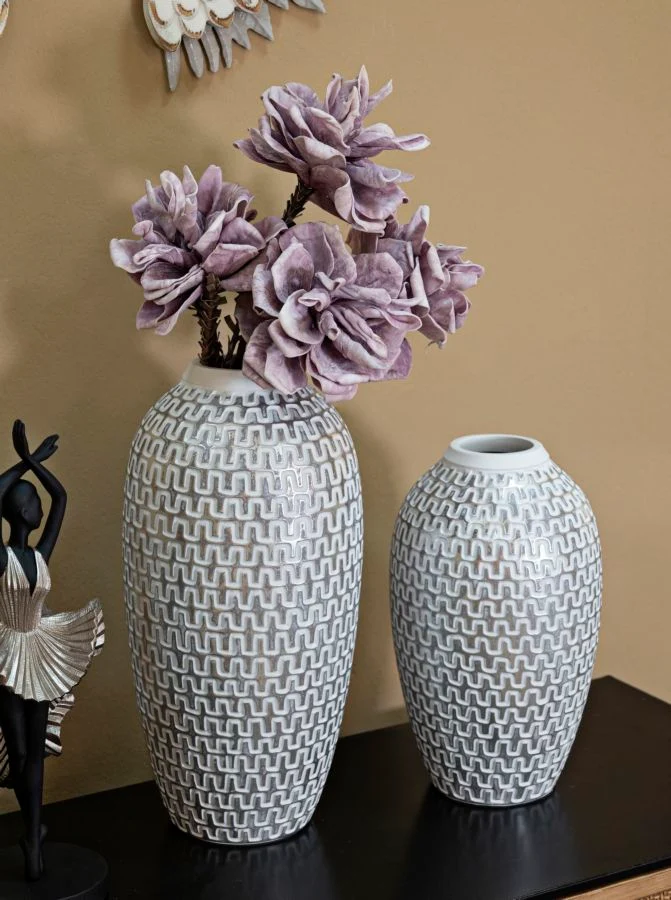 Vaso Resina Wave Ø21x43 cm in Resina Argento e Bianco