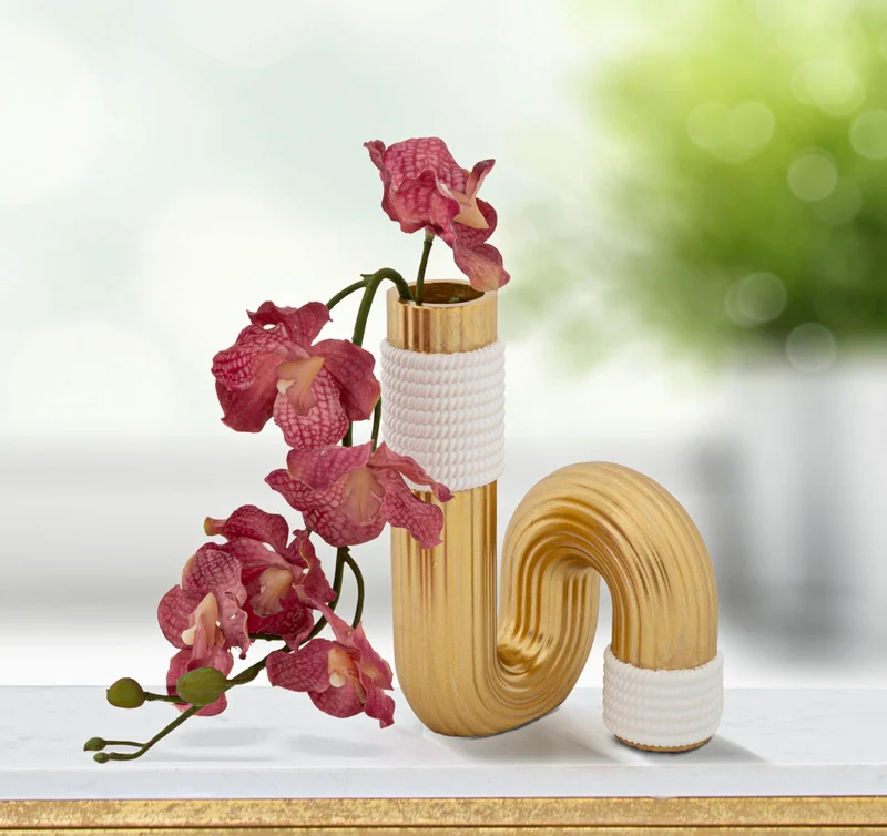 Vaso Bann 10,7x10,7x18,3 cm in Poliestere Oro e Bianco