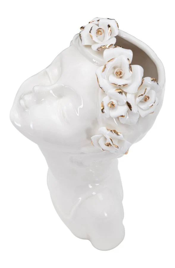 Vaso Young Lady Roses 10x14x26 cm in Porcellana Bianco e Oro