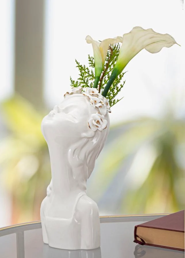 Vaso Young Lady Roses 10x14x26 cm in Porcellana Bianco e Oro