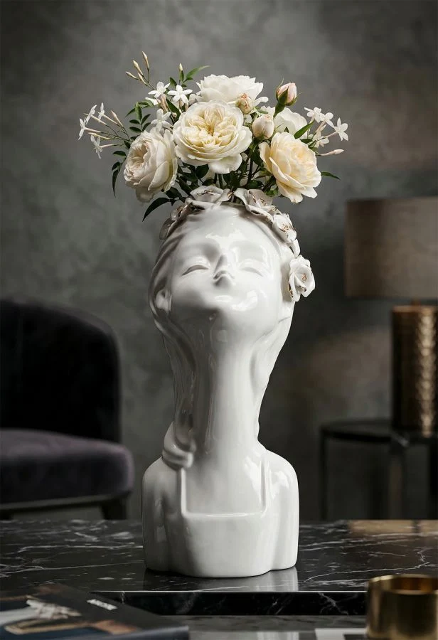 Vaso Young Lady Roses 10x14x26 cm in Porcellana Bianco e Oro