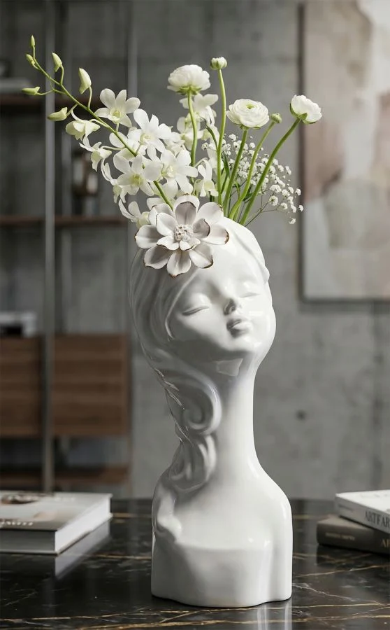 Vaso Young Lady 10,5x10x24,7 cm in Porcellana Bianco e Oro