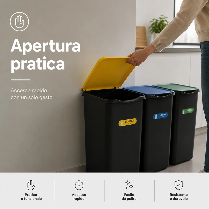 Set 3 Pattumiere 37,5x36x62 cm Bidoni Raccolta Differenziata Spazzatura Capienza da 50 L in Plastica Nero