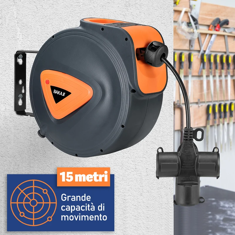 Avvolgicavo Elettrico 15 Metri Rotante a 180° con Multipresa a 3 Teste e Guanti Nero e Arancione