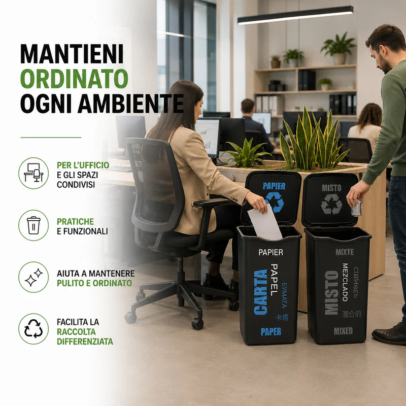 Set 4 Pattumiere per Raccolta Differenziata 37,5x36x53,5 cm Bidone da 50 Litri in Plastica Nero