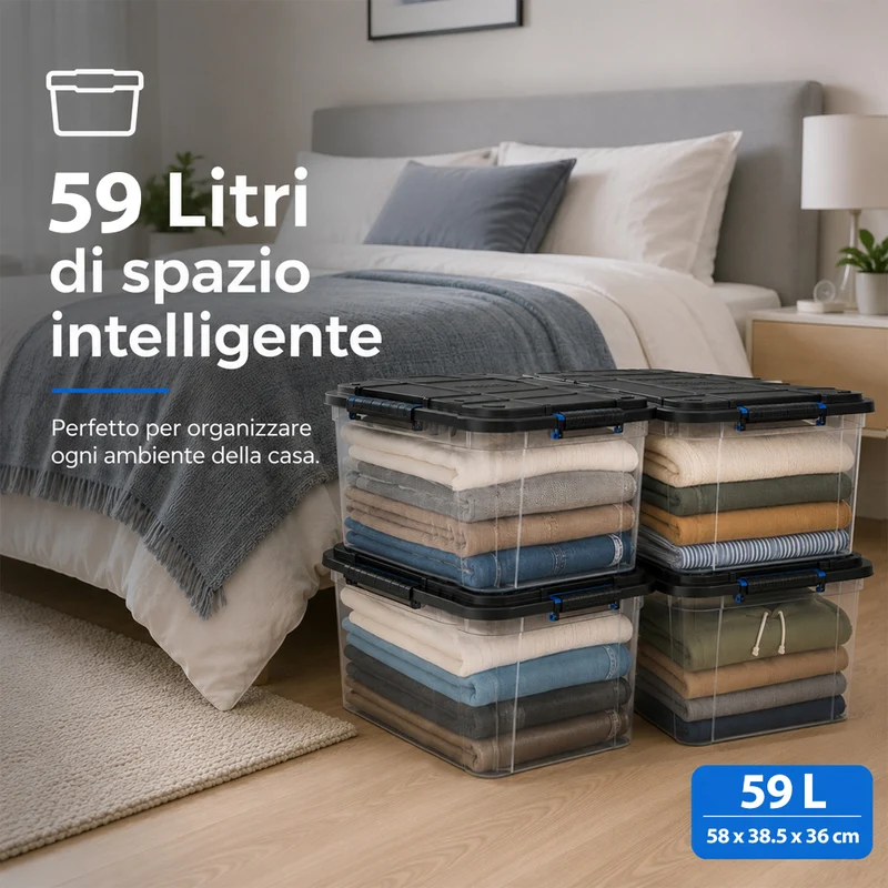Set 4 Pezzi Contenitori con Coperchio 58x38,5x36 cm Storage Box Solid Cargo Capienza 59L in Plastica
