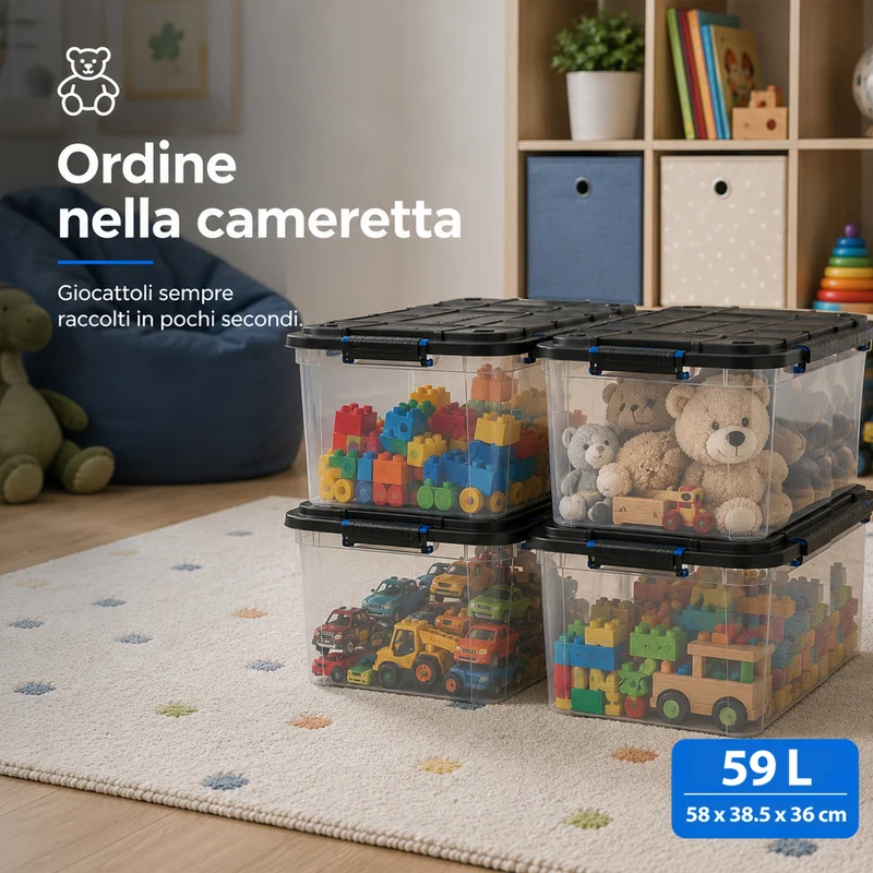 Set 4 Pezzi Contenitori con Coperchio 58x38,5x36 cm Storage Box Solid Cargo Capienza 59L in Plastica