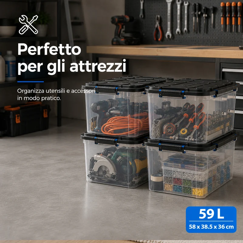 Set 4 Pezzi Contenitori con Coperchio 58x38,5x36 cm Storage Box Solid Cargo Capienza 59L in Plastica