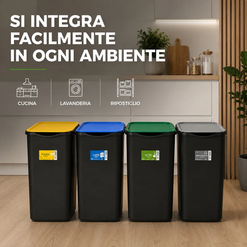 Set 4 Pattumiere Bidoni 37,5x36x62 cm Raccolta Differenziata Spazzatura Capienza da 50 L in Plastica Nero
