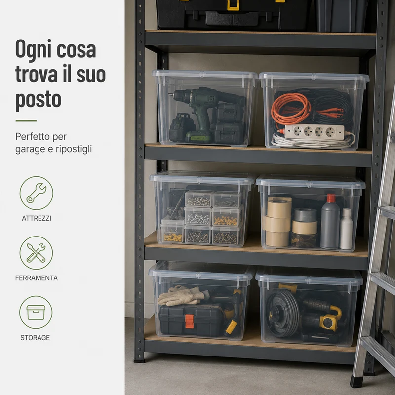 Set 4 Pezzi Contenitori con Coperchio 57x39x29 cm Storage Box Marea Capienza 46L in Plastica Trasparente