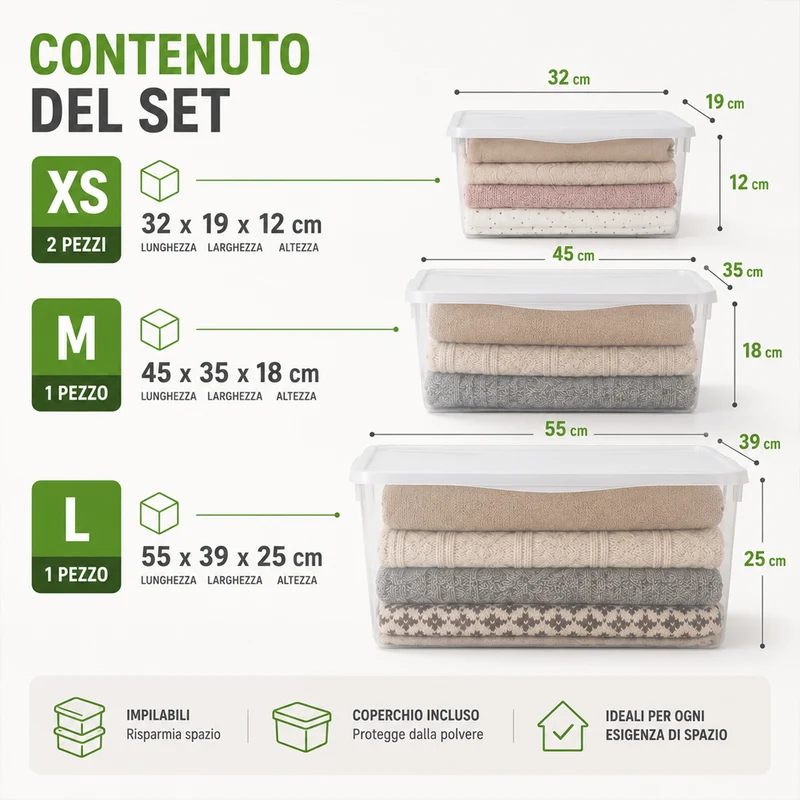 Set 4 Pezzi Contenitori con Coperchio Spring Box 1L + 1M + 2XS in Plastica Bianco Trasparente