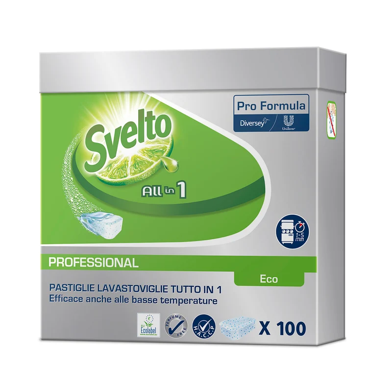 Pastiglie ecologiche 3 in 1 per lavastoviglie Diversey Svelto Tutto in 1 Eco Tablets 100 pastiglie DISPONIBILE IN 7 GIORNI LAVORATIVI