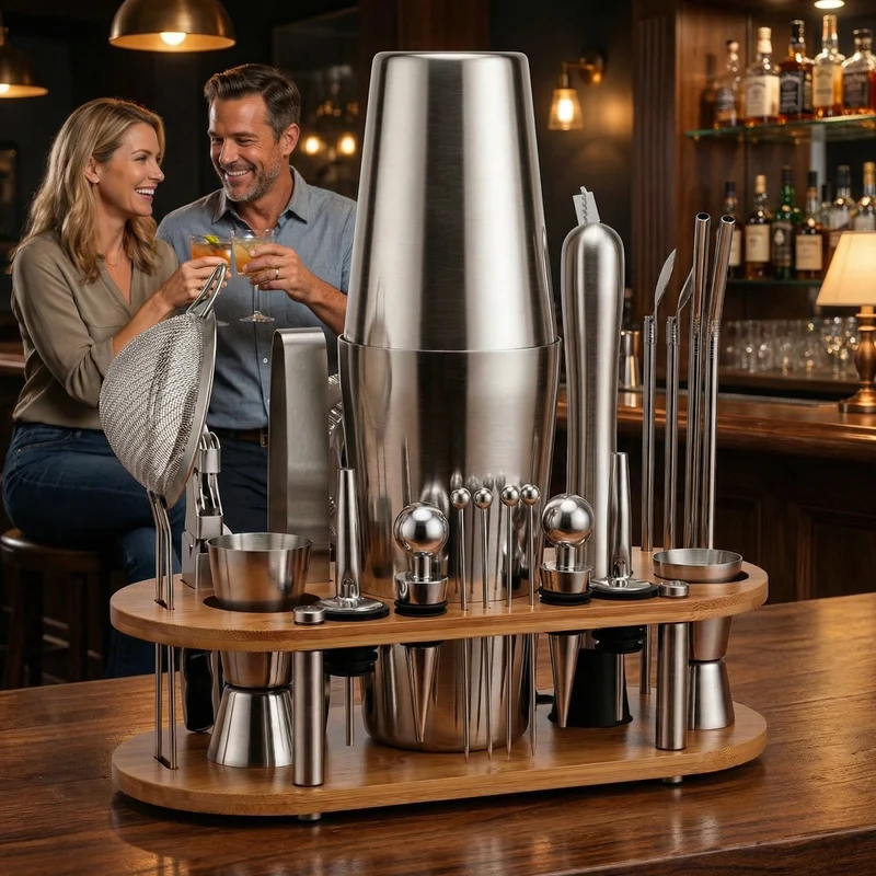 Cocktailset 23-delig – RVS Shaker, Bartools & Houten Standaard