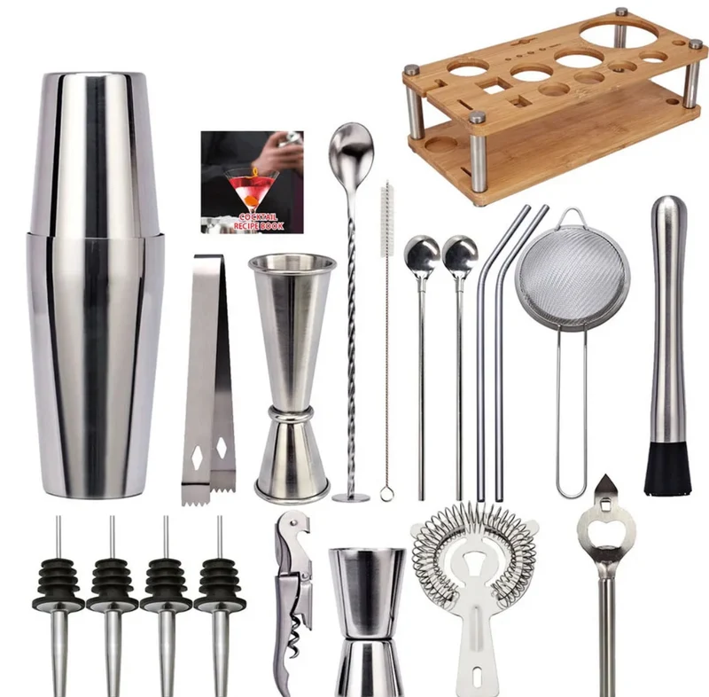 Cocktailset 23-delig – RVS Shaker, Bartools & Houten Standaard