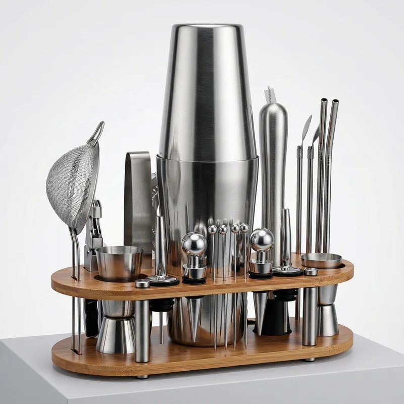 Cocktailset 23-delig – RVS Shaker, Bartools & Houten Standaard