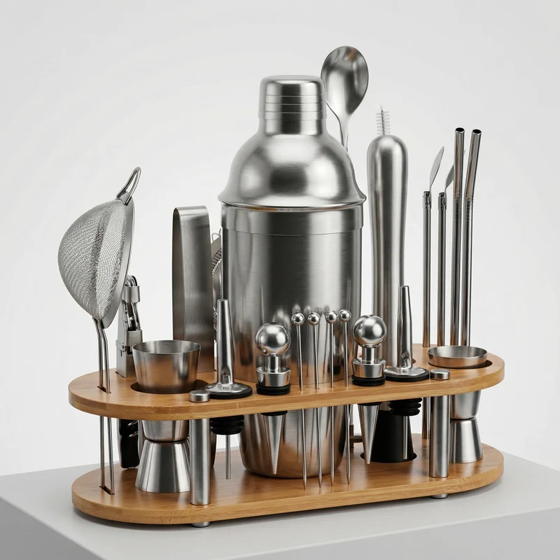 Cocktailset 23-delig – RVS Shaker, Bartools & Houten Standaard