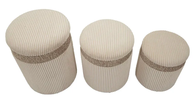 Puff con Contenitore Cortina Crema Set 3 Pz Ø40,5x49,5 cm - Ø35x42 cm - Ø31x38 cm in MDF e Spugna e Poliestere Crema
