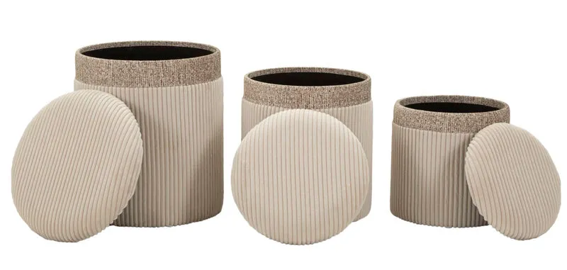 Puff con Contenitore Cortina Crema Set 3 Pz Ø40,5x49,5 cm - Ø35x42 cm - Ø31x38 cm in MDF e Spugna e Poliestere Crema